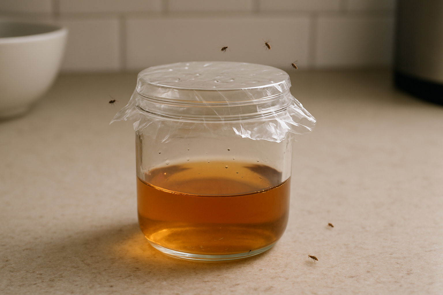 Zelfgemaakte fruitvliegjesval met azijn en huishoudfolie